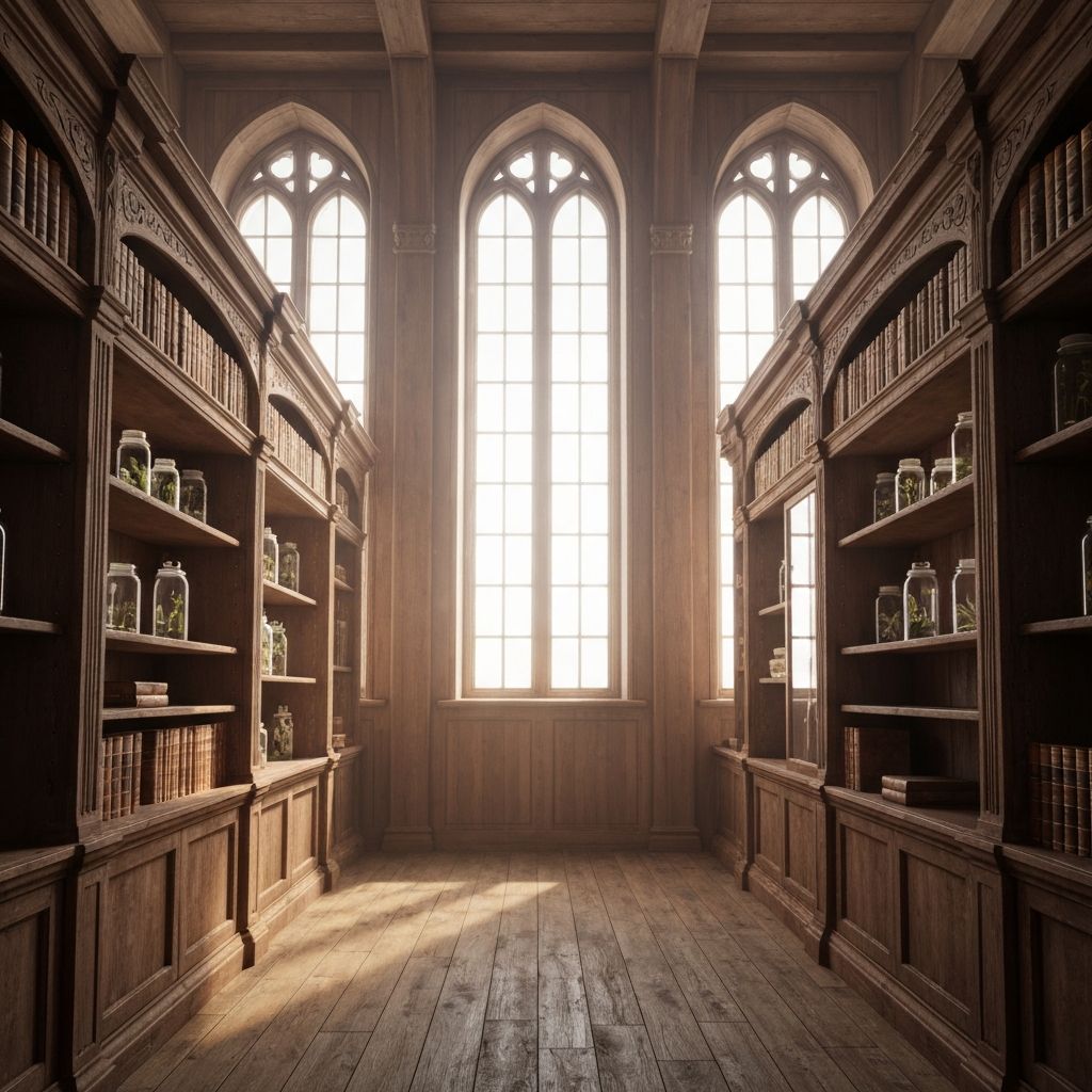 Interior of a research archive with bookshelves and warm light