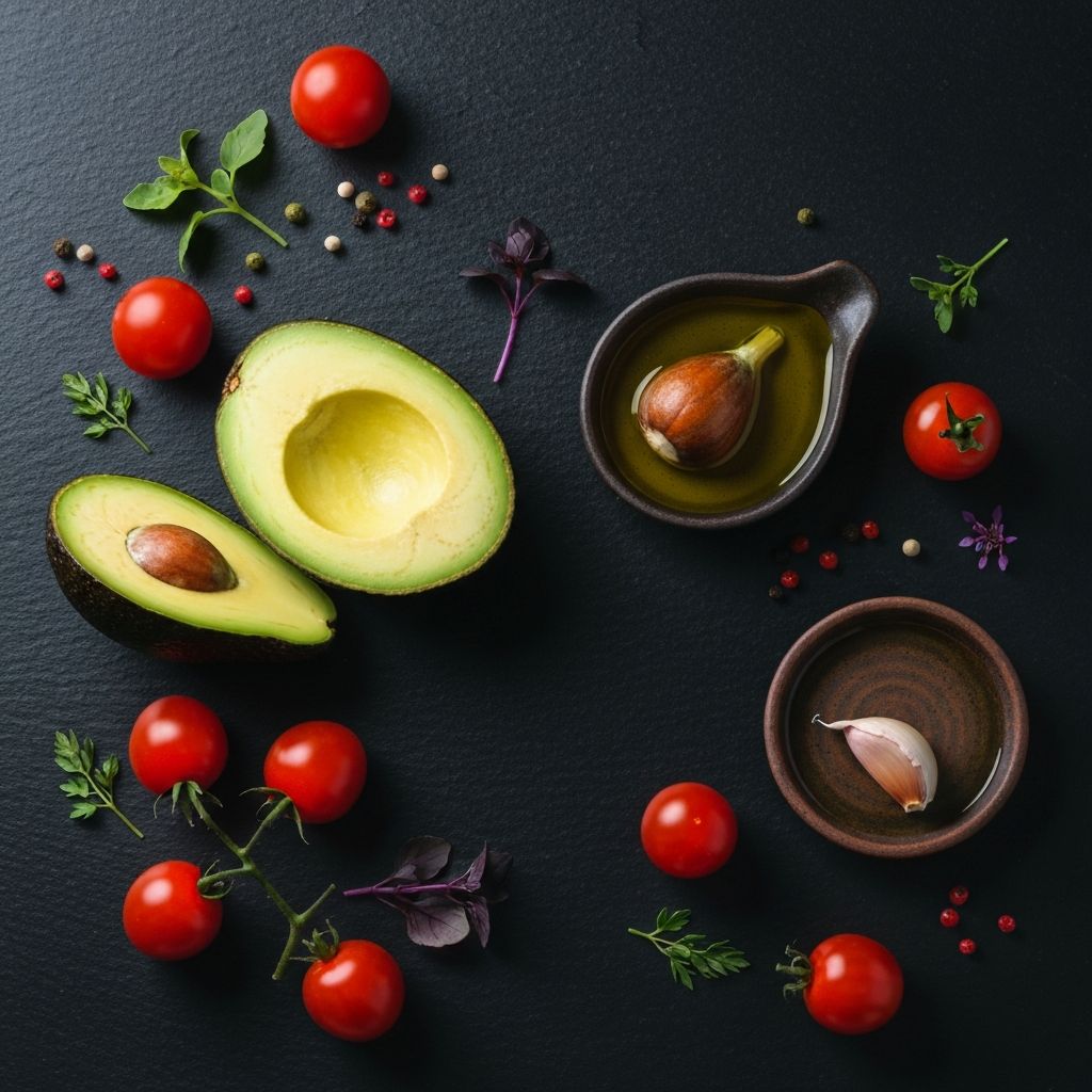 Fresh ingredients arranged on a dark stone surface