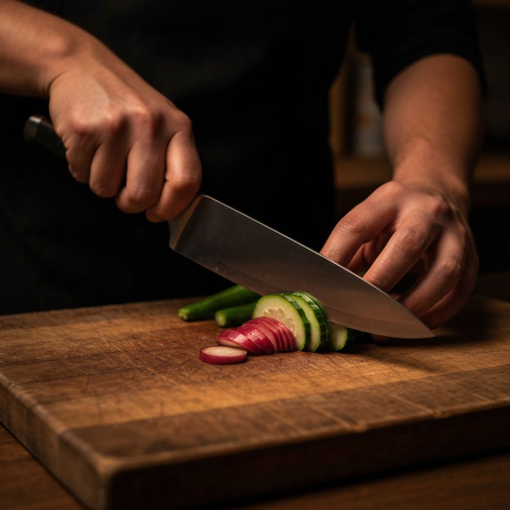 Hands chopping vegetables on a wooden cutting board