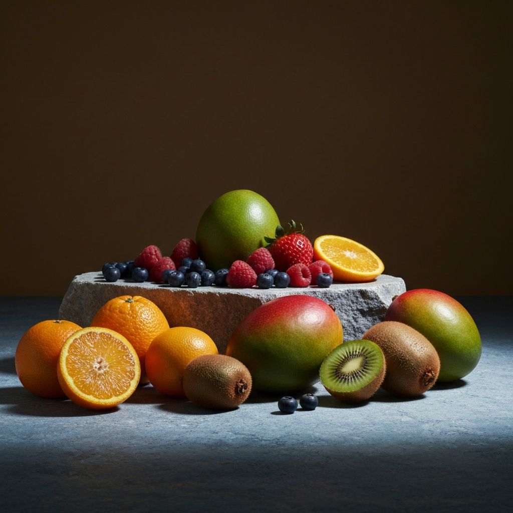 Fresh fruits on a stone surface