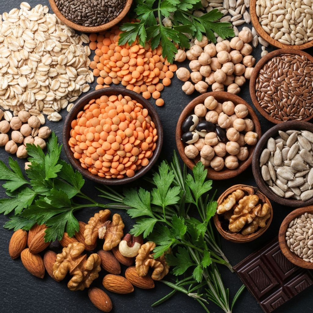 Assorted whole grains and legumes in rustic bowls