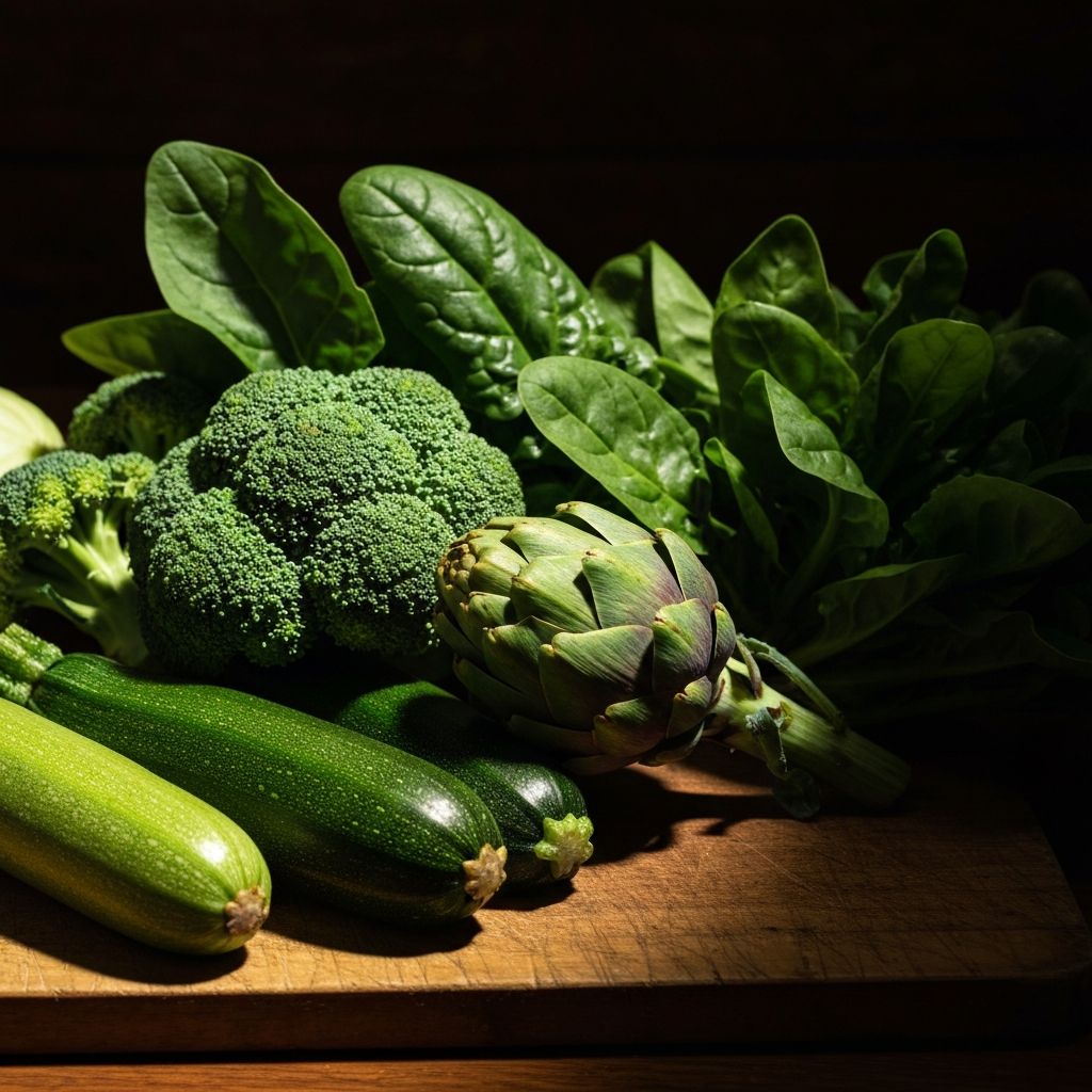 Fresh green vegetables on a wooden board